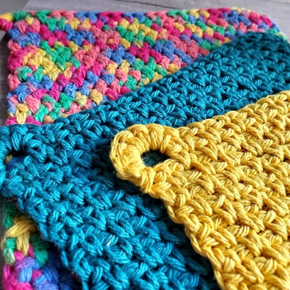 3 Crochet DISHCLOTH WASHCLOTH 100% Cotton Handmade Rainbow Teal Mustard - Picture 2 of 15
